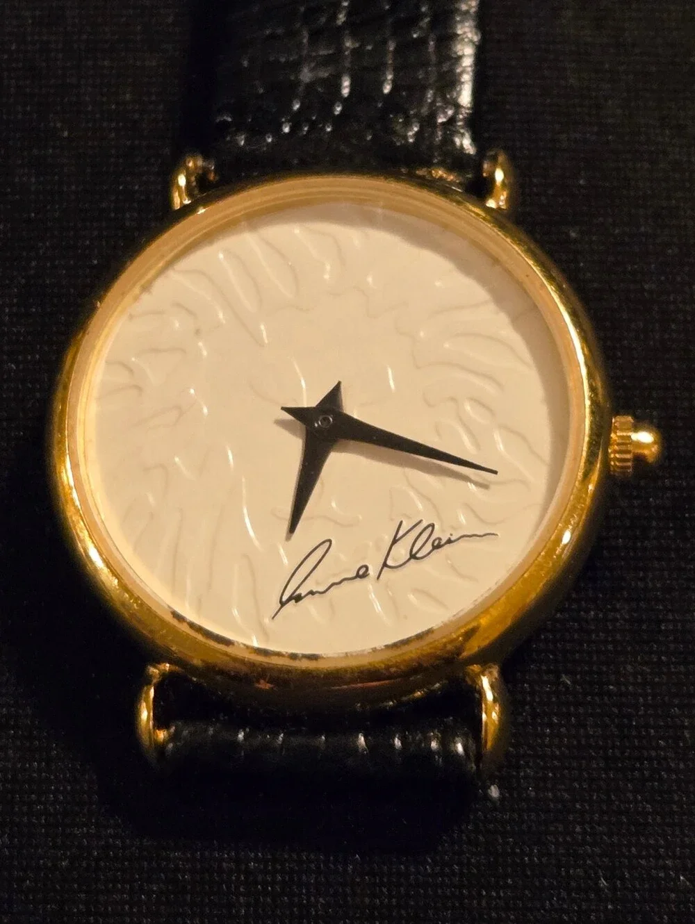 Anne Klein Gold and Black Leather Strap Watch with White Embossed Dial Untested